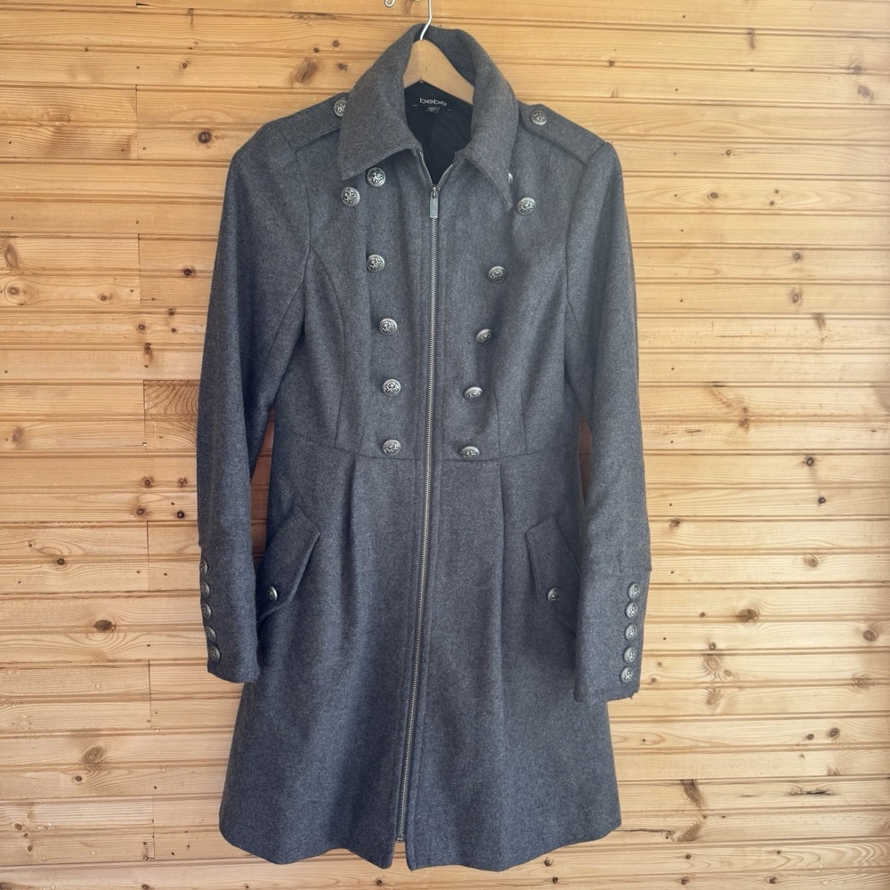 Bebe Fitted Pea Coat Military Style Wool Grey Silver Buttons Medium Fitted